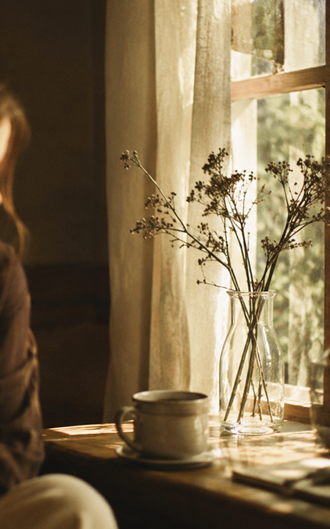 Taza de café y flores secas junto a la ventana, luz cálida de la mañana